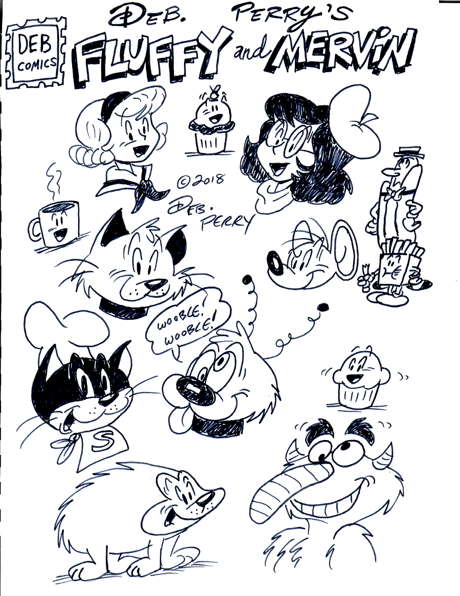 A bunch of headshots of various characters who have (and haven't yet) appeared in Fluffy and Mervin.
